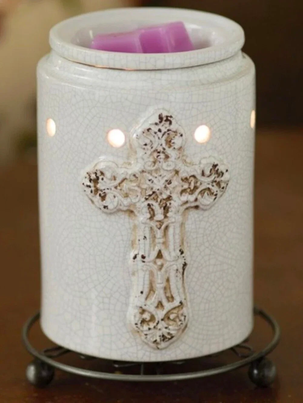 Antique Cross Ceramic Wax Warmer, White Crackle Religious • Retired BNIB